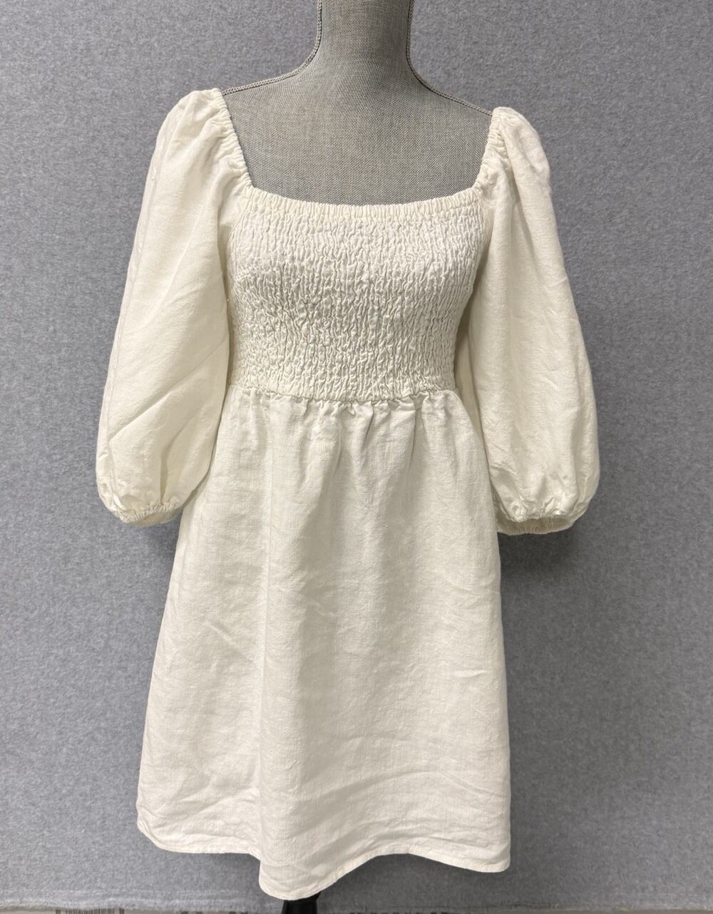 Tuckernuck Annie Smocked Dress White Linen Puff Sleeve Mini Woman’s Large Boho